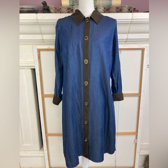 Soft Surroundings long dark chambray w/ faux suede trim lock closures oversized - Picture 1 of 10